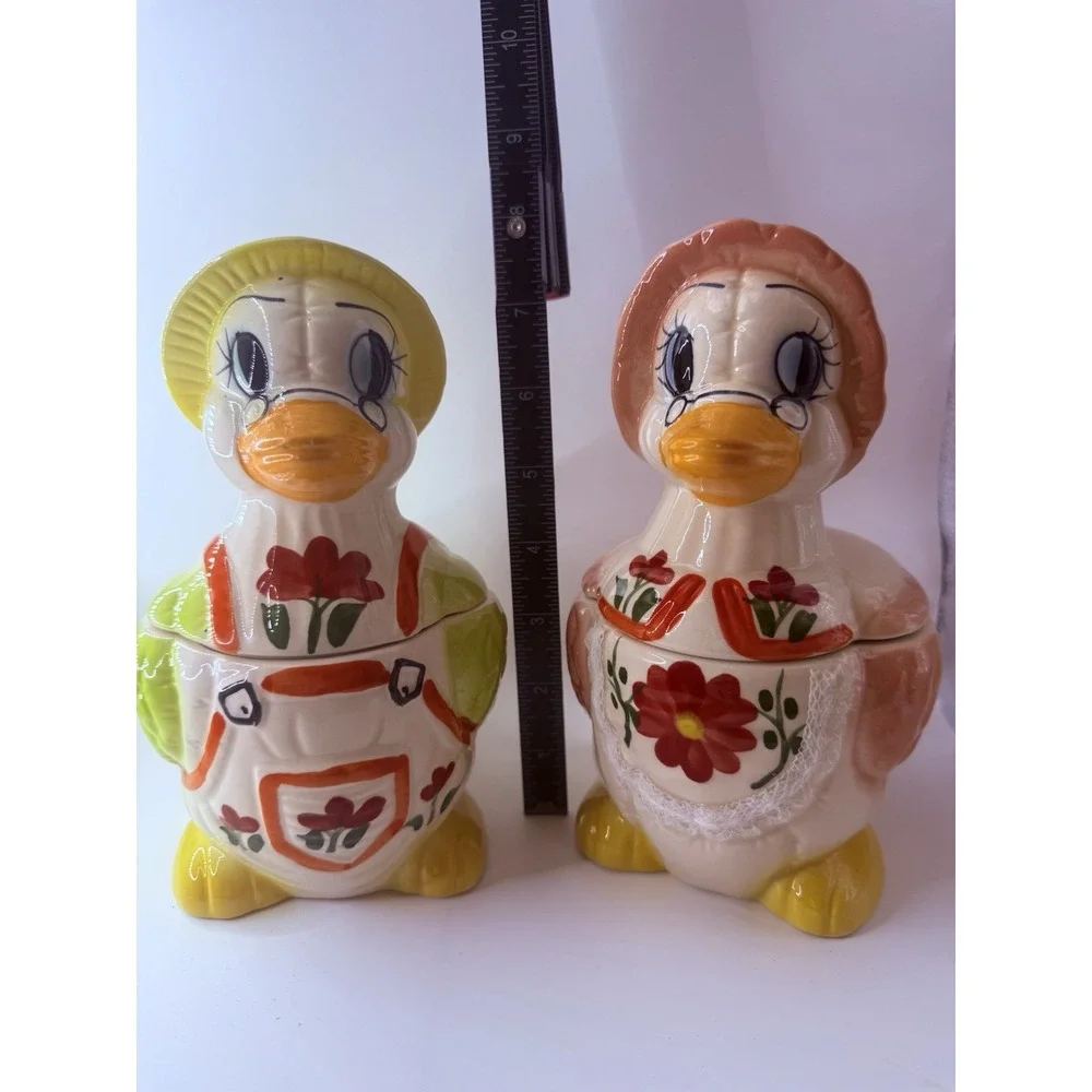 Vintage Duck Canister Cookie Jar Country Cottage Ceramic Mom Dad Ducks Lace Set